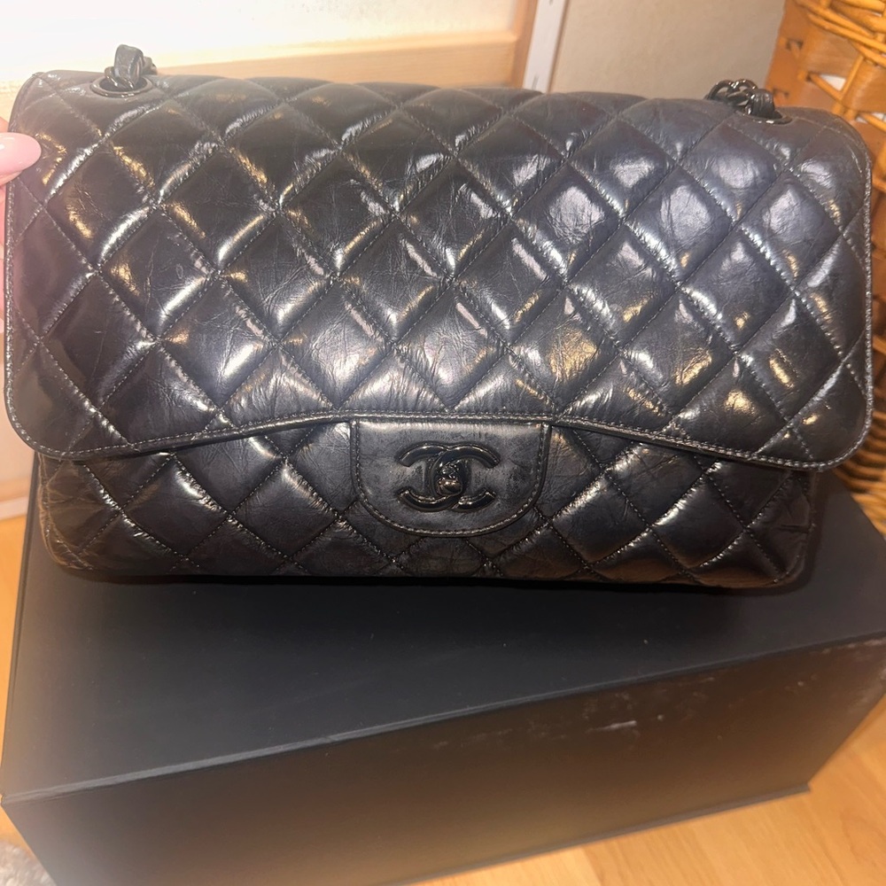 Chanel Classic So Black Shiny Crumpled calfskin  Quilted Shoulder Bag